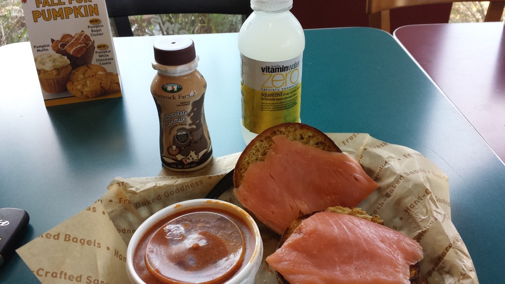 Turkey chili, bagel & lox, and chocolate milk!